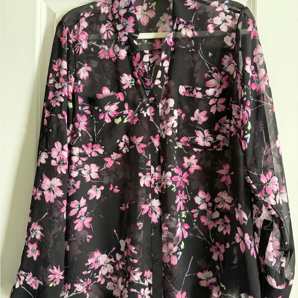 Express Sheer Floral Portofino Shirt in Black and Pink